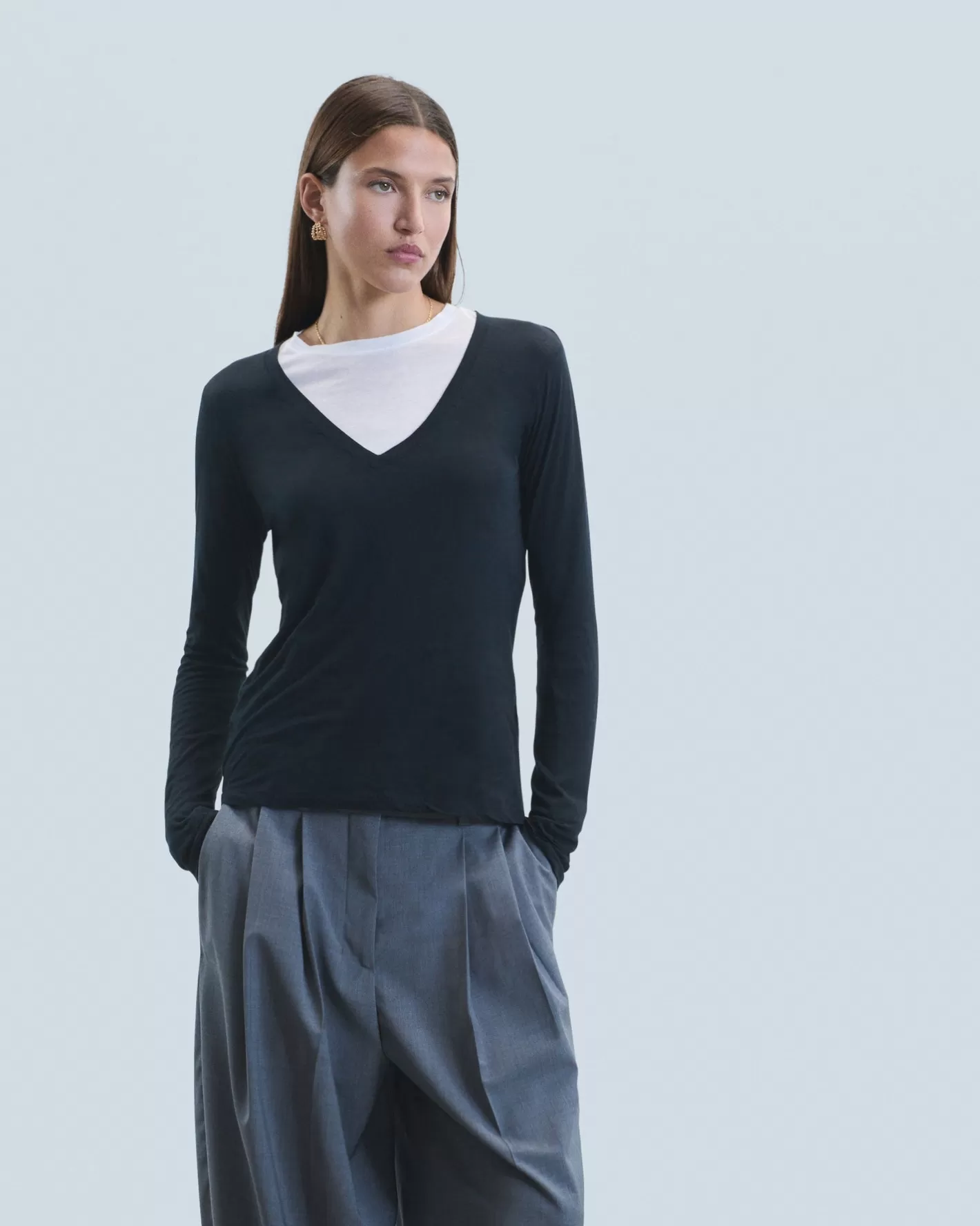 T-Shirt Scollo A V Maniche Lunghe-FROM FUTURE Discount
